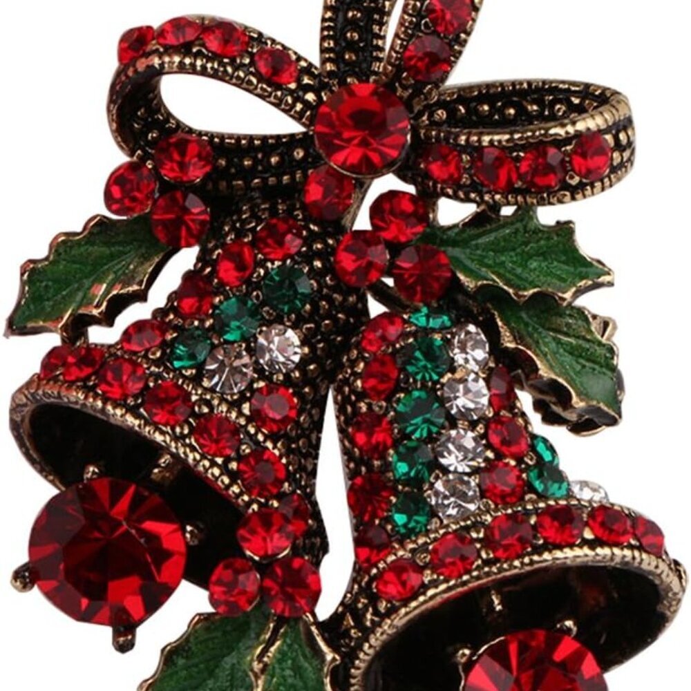 Vintage Christmas Bowknot Double Bells Brooch with Green Leaves and Colorful Rhi